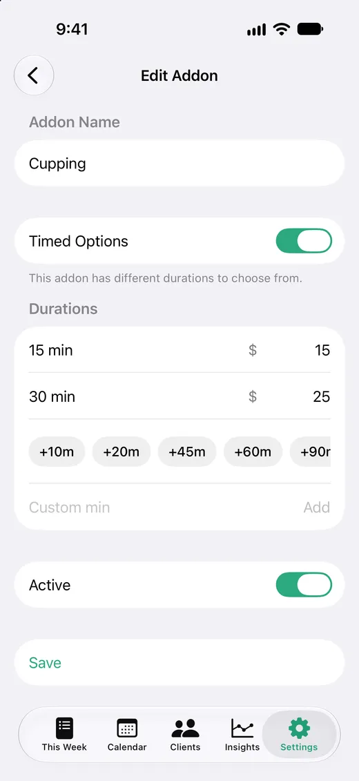 Add-on editor with Timed Options turned on and a price for each length