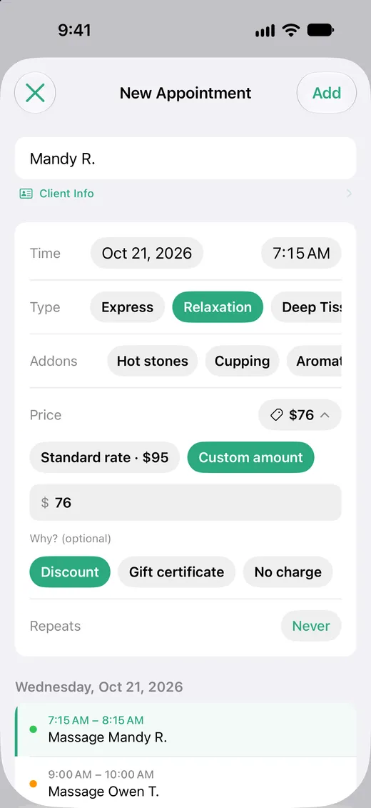 New appointment form with the price opened, a custom amount entered, and Discount selected
