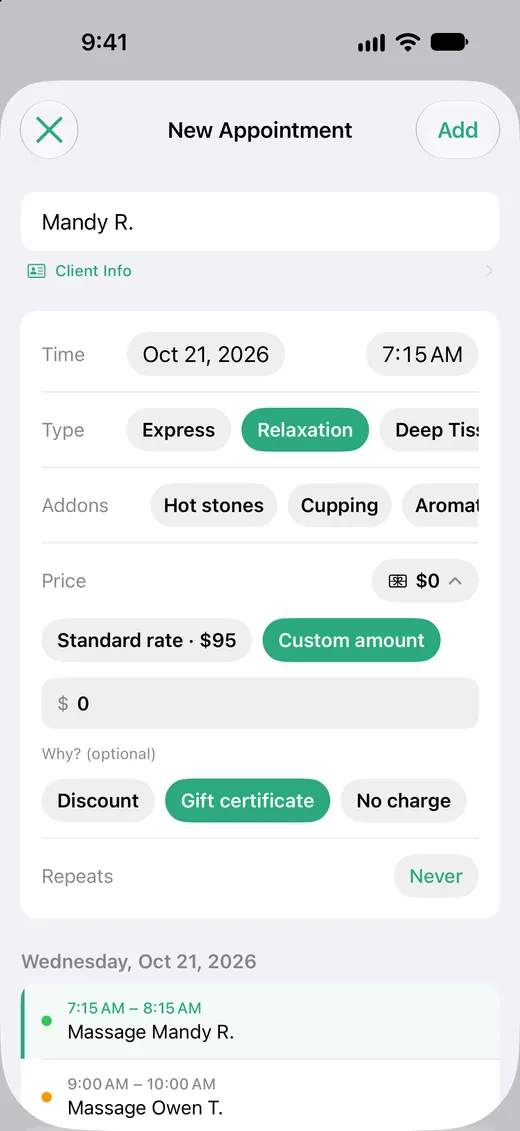 New appointment form with the price opened and Gift certificate selected, with the amount set to zero