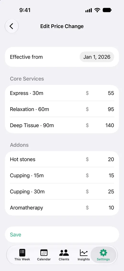 Price change editor with an effective date and a price for each service and add-on