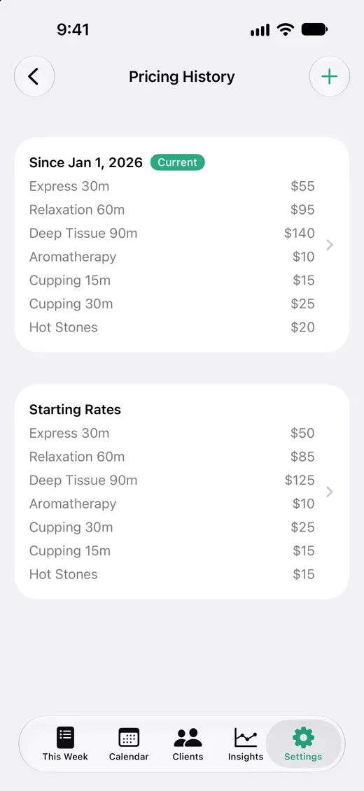 Pricing History screen showing starting rates and a later price change with the new amounts