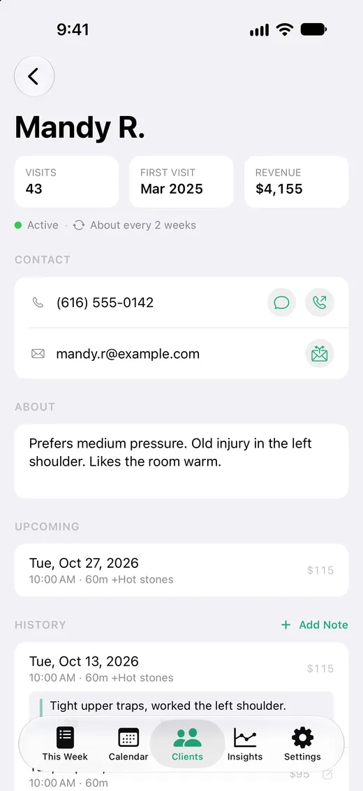 Client page with visit count, first visit, total revenue, contact details, and a history of past visits