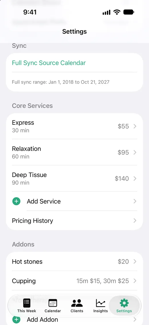 Settings screen listing three services with their lengths and prices