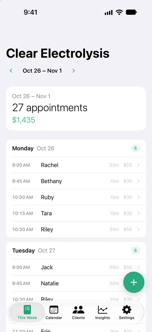 This Week view for a electrologist, showing next week's appointments and expected revenue