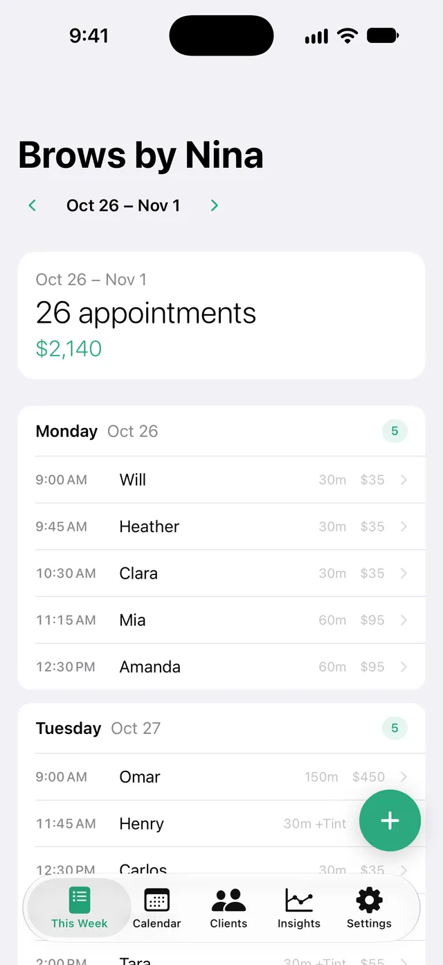 This Week view for a brow artist, showing next week's appointments and expected revenue