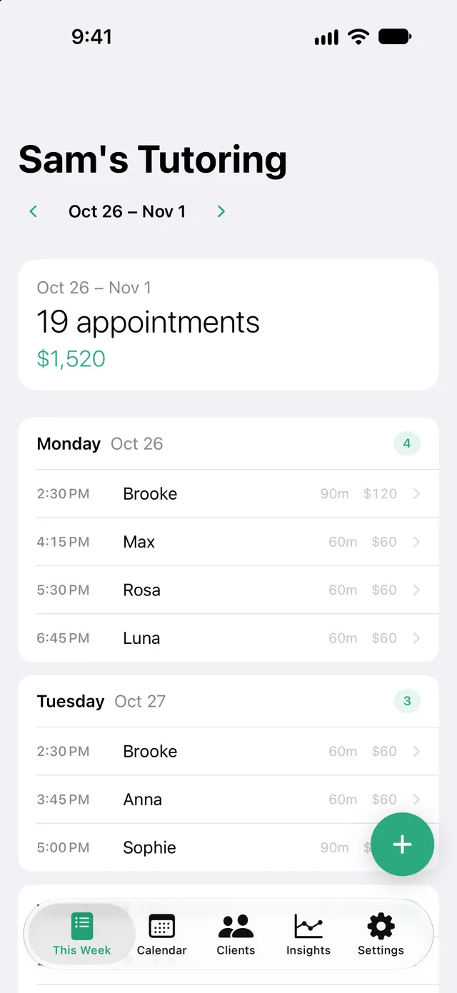 This Week view for a tutor, showing next week's appointments and expected revenue